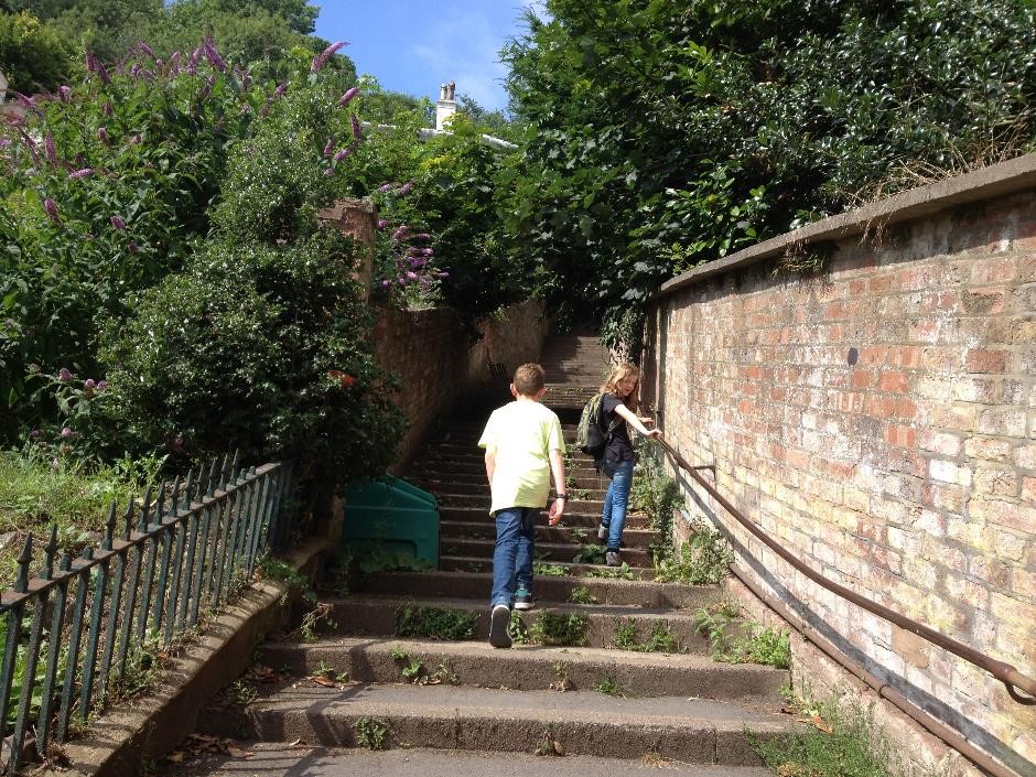 Walking up the 99 steps to St Ann's Well, Great Malvern